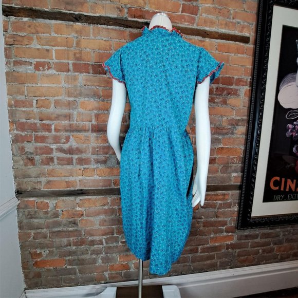 Hand Made Dress Aqua Floral Ruffle RickRack Trim Short Sleeves Cotton Size L - Picture 5 of 8